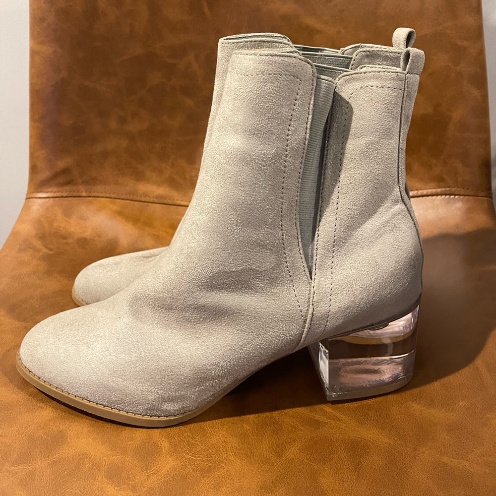 Brand New Light Tan Booties with a Clear Heel